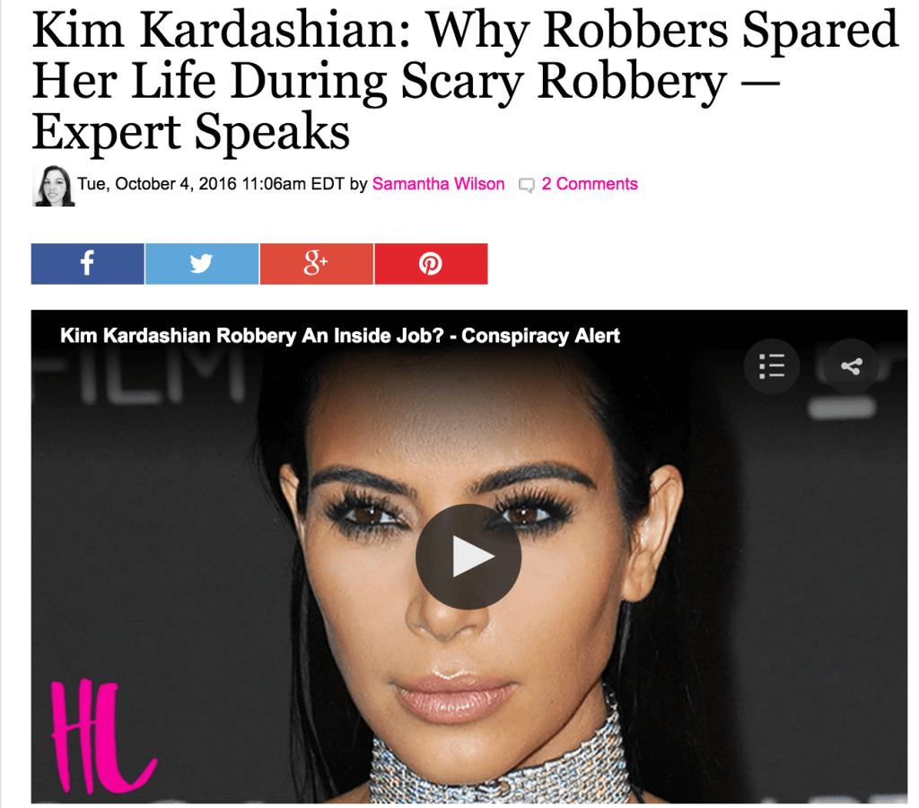 Article screenshot showing headline about a Paris robbery, social icons and close-up of a female celebrity with video play button