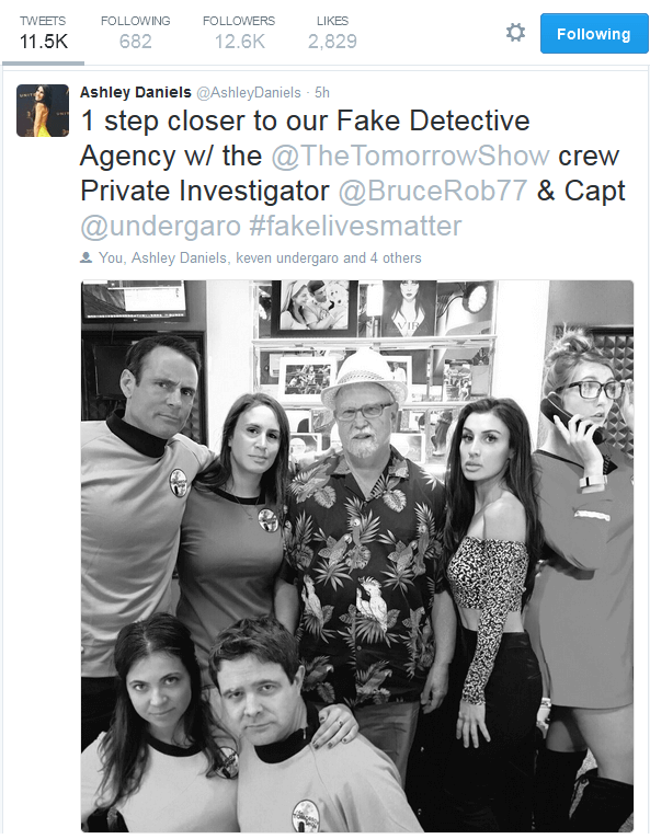 Tweet screenshot about a 'Fake Detective Agency' with black-and-white cast photo from The Tomorrow Show