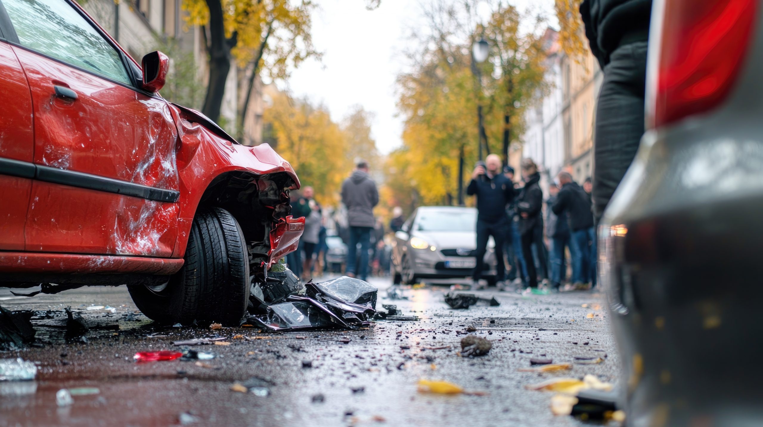 Damaged red car with crushed front, scattered debris and investigators documenting the scene during accident investigations