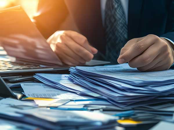 Attorney reviewing stacked corporate documents and tablet during business investigations