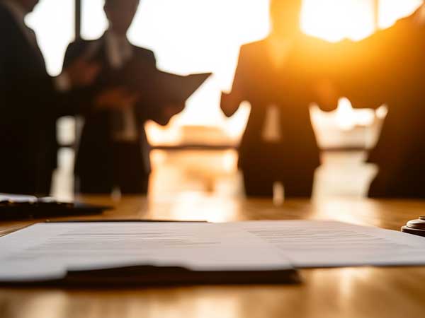 Documents on table with silhouetted professionals meeting in sunlight, representing witness outreach coordination