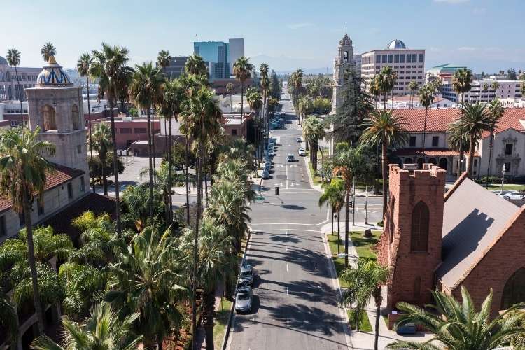 Downtown Riverside County palm-lined avenue with historic buildings and distant skyline