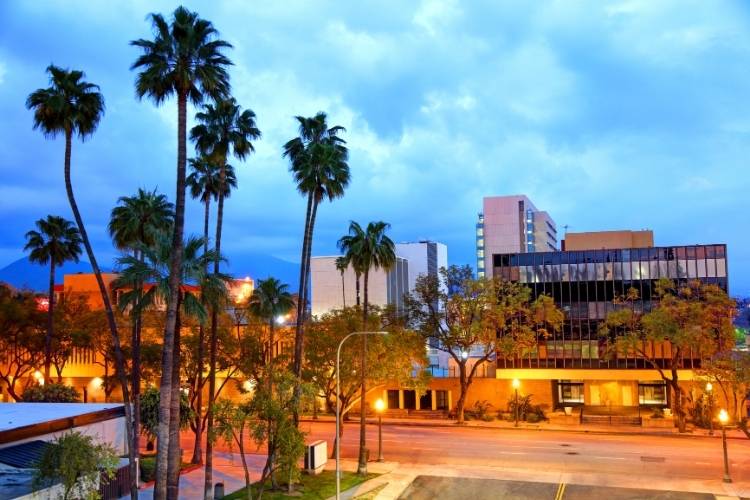Downtown San Bernardino at dusk with palm trees and illuminated office buildings