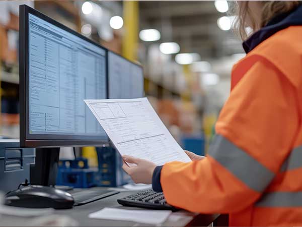 Worker in high-visibility jacket reviewing inventory paperwork and computer records for loss prevention