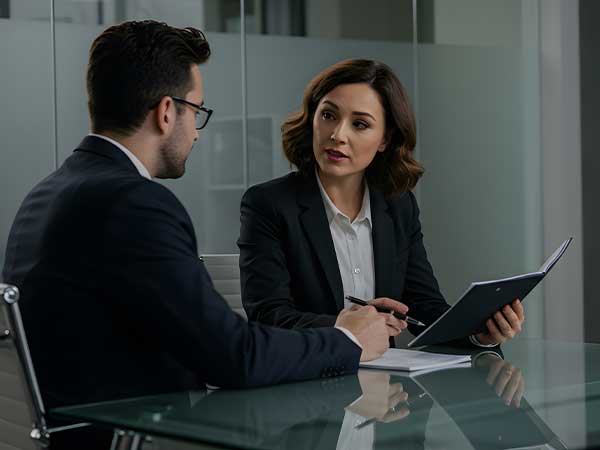 Female investigator reviewing file with male client at glass conference table during workers' comp fraud case review