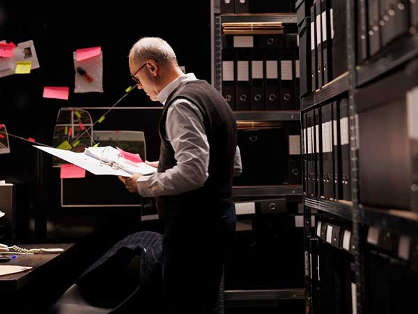 Licensed investigator reviewing case files in archive during missing persons investigation