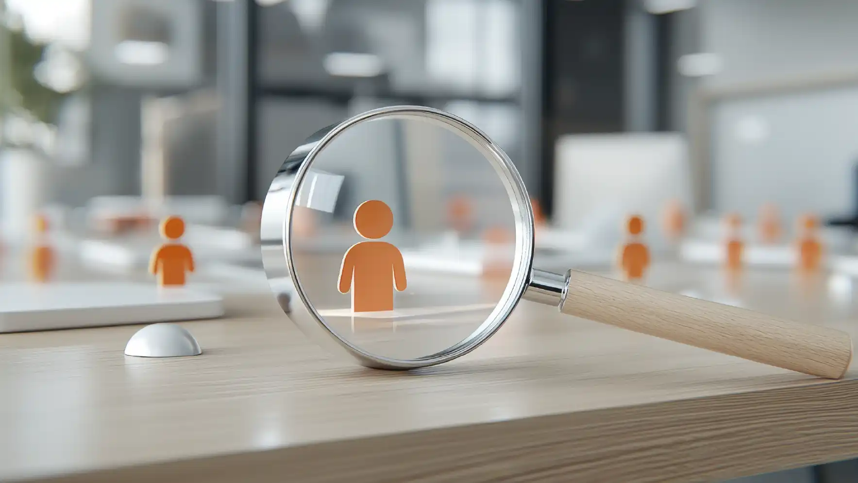 Magnifying glass highlighting an employee icon representing identification of former employees