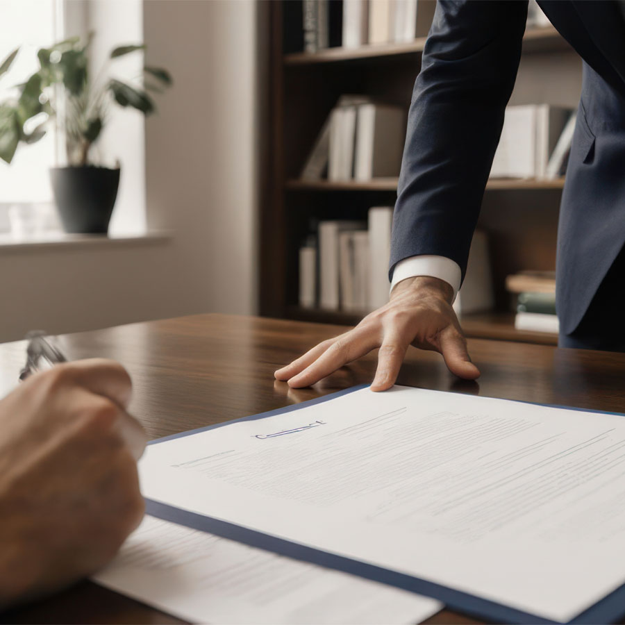 Attorney reviewing corporate documents to evaluate business relationships in commercial litigation